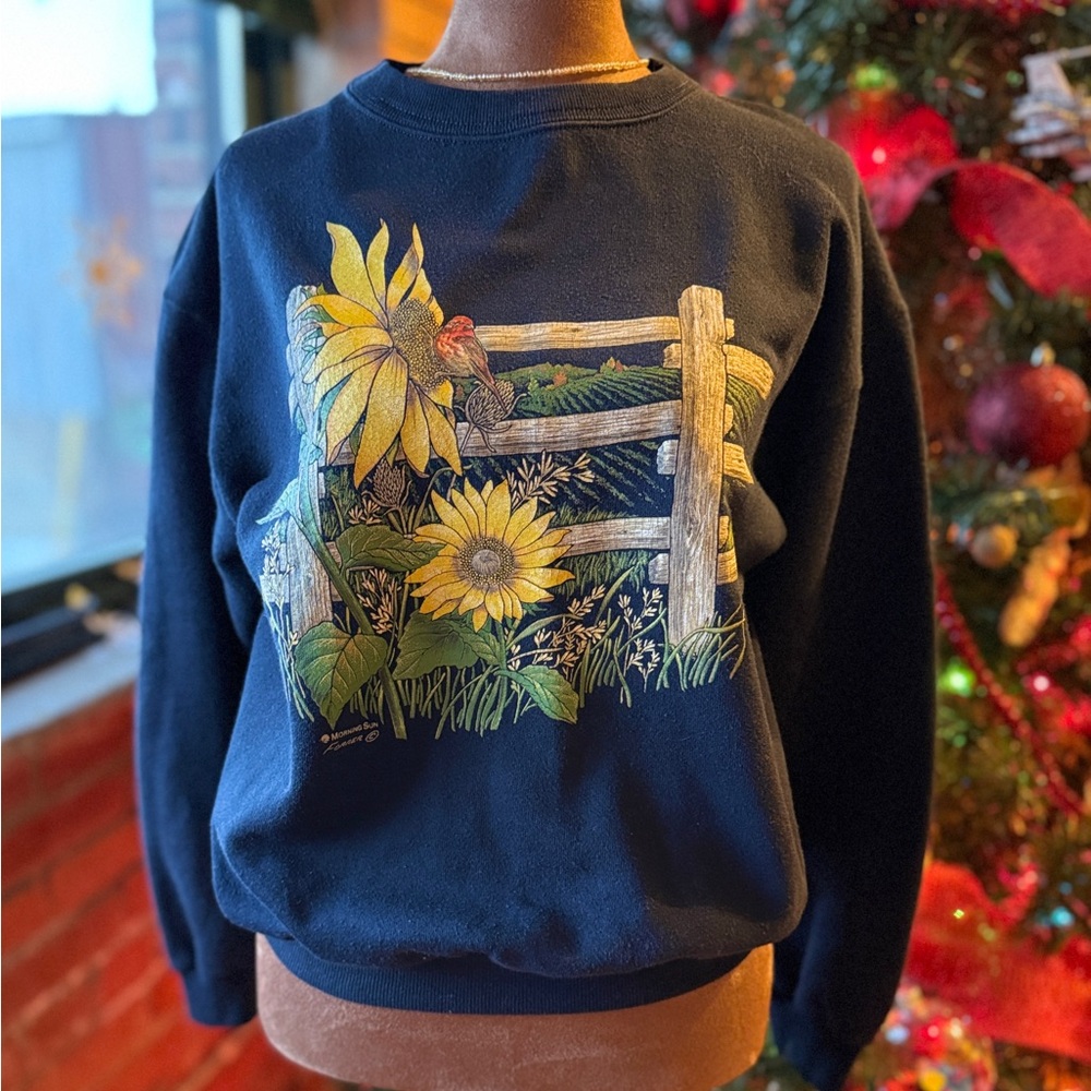 Navy Sweatshirt with Sunflower and Fence Design